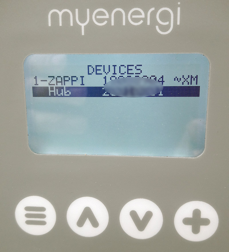 Device serial numbers on myenergi Zappi screen (Image: Tanjent)