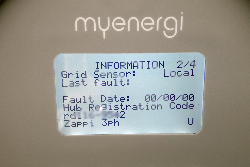 Zappi Information screen showing Hub Registration Code (Image: Tanjent)