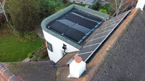 Drone close up of flat roof solar install (Image: JT/Tanjent)
