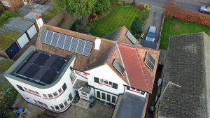 Drone image of pitched and flat roof solar install (Image: JT/Tanjent)