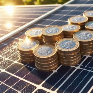 Solar panels with pound coins (Image: Tanjent/Dall-E)