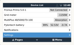 Victron Settings menu under Device List (Image: Tanjent Energy)